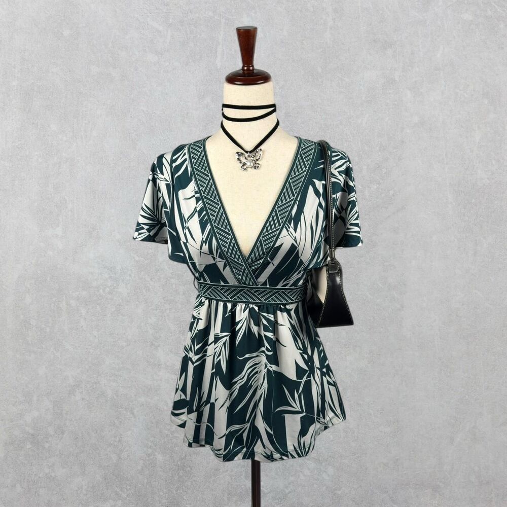 BCBGMAXAZRIA Dark Green Boho Abstract Leaf Print Empire Waist Tie Back Top